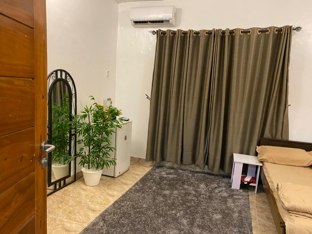 Mini flat room at Rilwan AJALA Homes Yaba Lagos with ornate mirror, indoor plants, fridge and AC
